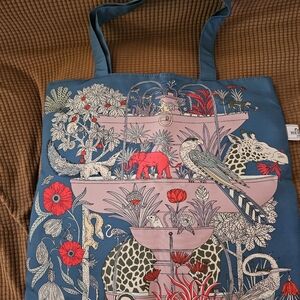 Blue Canvas Tote with Pink and Red Illustrated Motifs